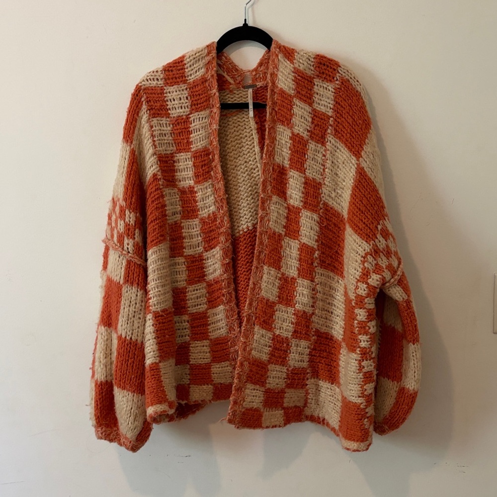 Free People Checker Knit Cardigan - Orange/Cream